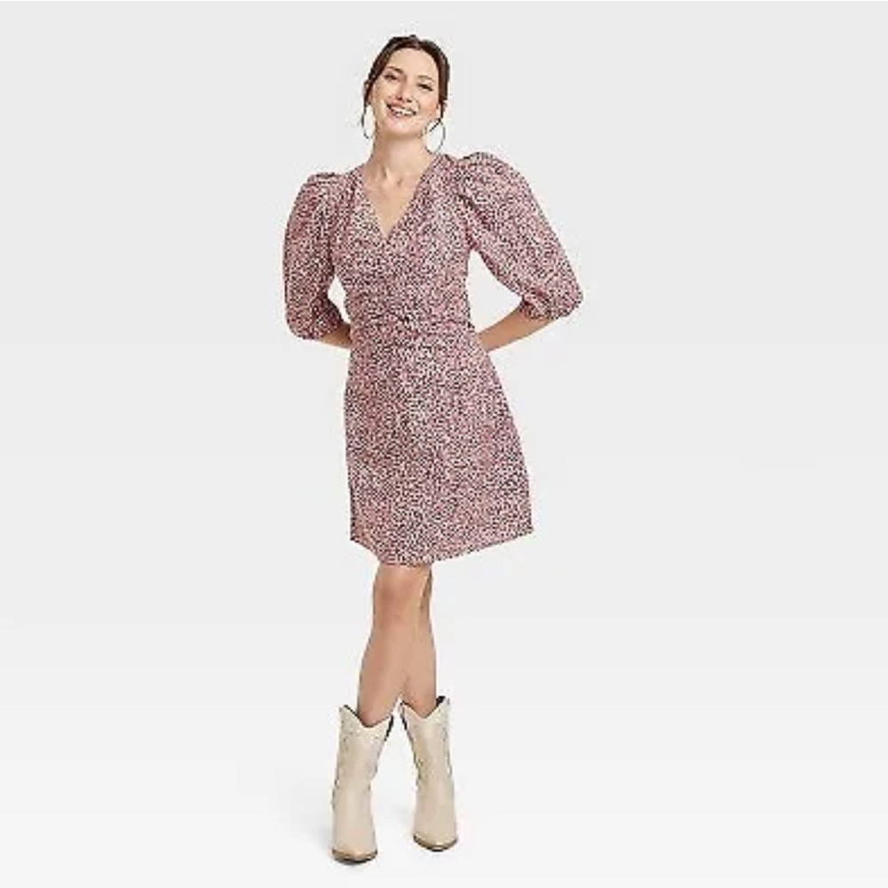 NWT Women’s Elbow Puff Sleeve Ruched Mini Dress from Universal Thread in Pink 14